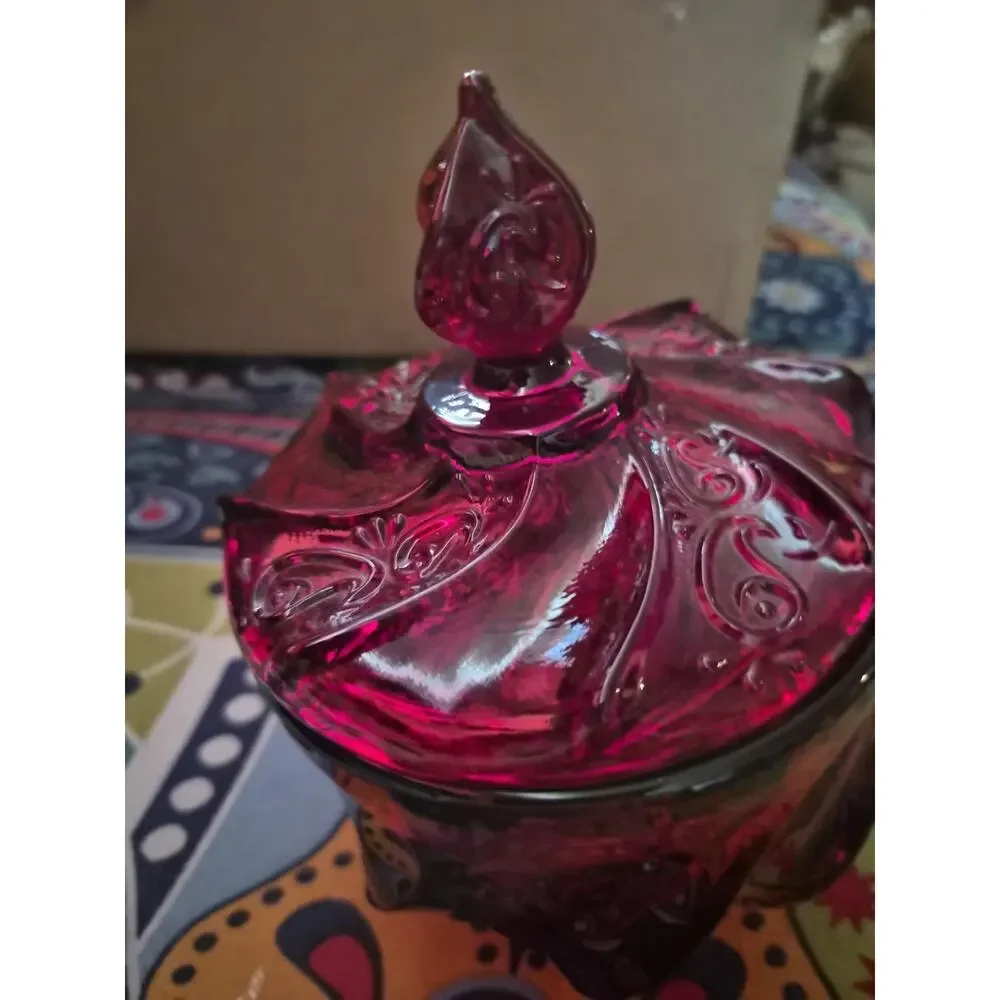 Vintage Fenton Art Glass Candy Dish In A Deep Ruby Red Amberina Color Yellow